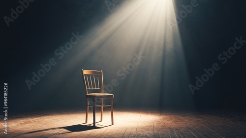 Empty stage with a lone chair under a bright spotlight, setting a mood of suspense and expectation in a dramatic scene. photo