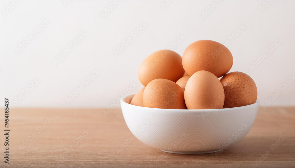 Brown chicken eggs in white ceramic bowl on wooden background. Fresh and natural food. Brown chicken eggs in white ceramic bowl on wooden background. Fresh and natural food.