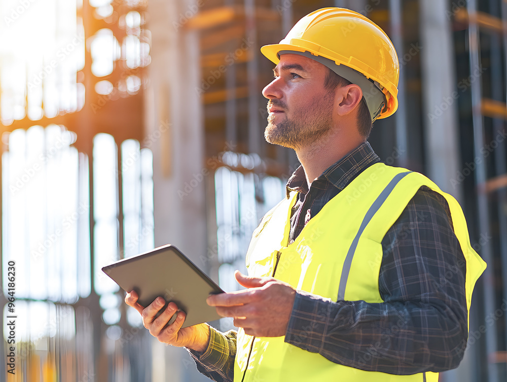 Construction worker wearing safety gear and helmet, using a tablet to inspect or manage a construction site under sunlight. Construction worker wearing safety gear and helmet, using a tablet to inspect or manage a construction site under sunlight.