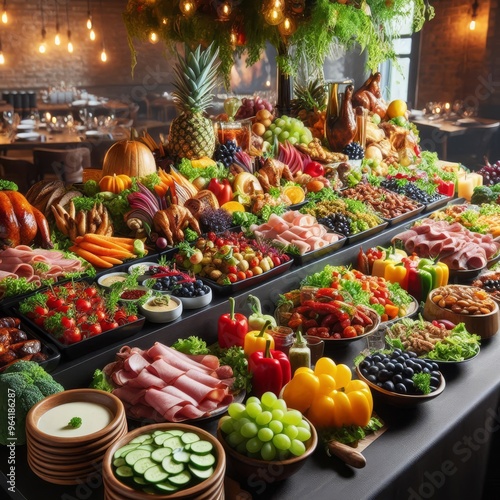 catering buffet food indoor in restaurant with meat colorful fruits and vegetables. 