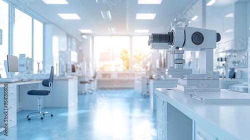 Fototapeta Naklejka Na Ścianę i Meble -  Cyberpunk Eye Clinic with Retro Decor and Modern Technology An ophthalmology clinic with a cyberpunk atmosphere decorated in a retro style with modern technology.Stock Photo with copy space