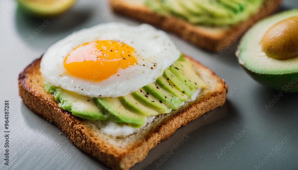 Toasted bread with avocado and fried egg. Delicious and healthy sandwich. Cooking and culinary Toasted bread with avocado and fried egg. Delicious and healthy sandwich. Cooking and culinary