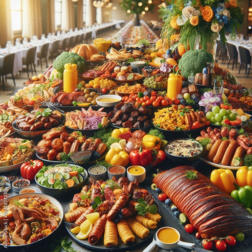 catering buffet food indoor in restaurant with meat colorful fruits and vegetables.
catering buffet food indoor in restaurant with meat colorful fruits and vegetables.