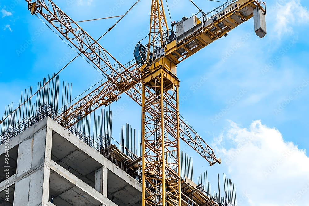 Construction Site with Crane Against a Bright Blue Sky Construction Site with Crane Against a Bright Blue Sky