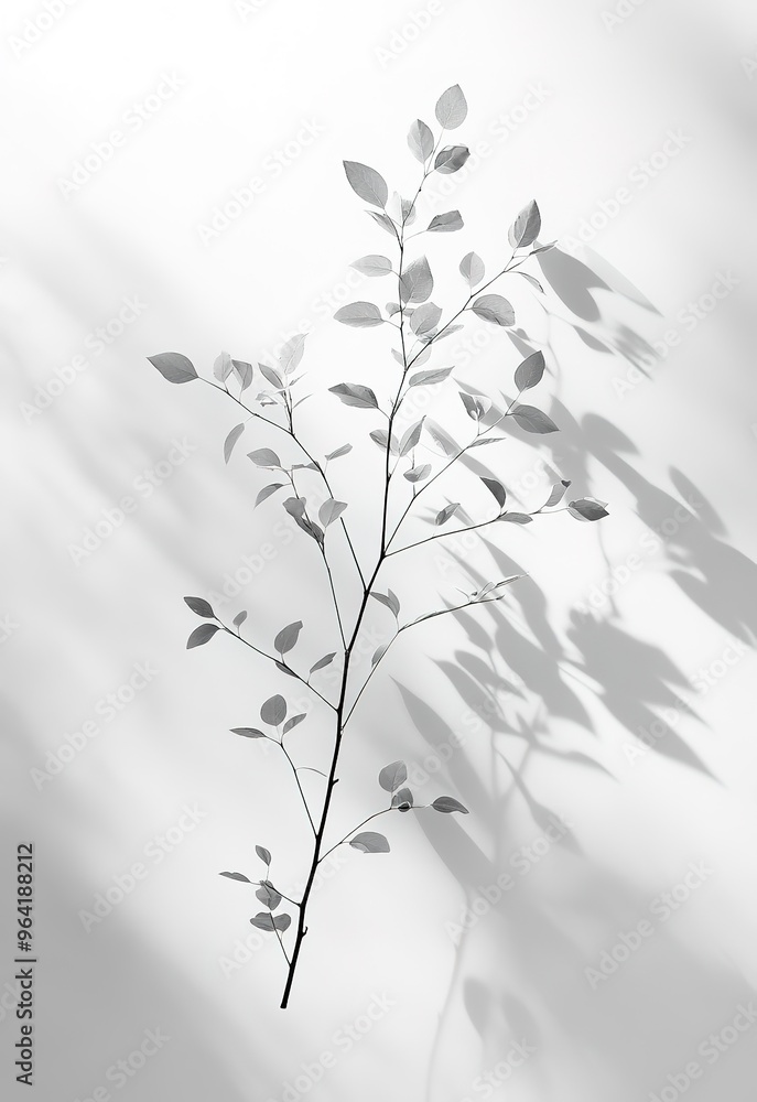 Minimalist plant branch casting soft shadow on white background Minimalist plant branch casting soft shadow on white background