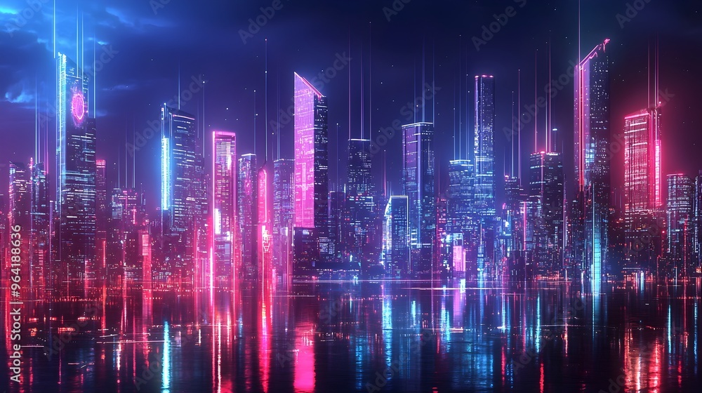 Glowing Digital Cityscape with Vibrant Futuristic Architecture at Night Glowing Digital Cityscape with Vibrant Futuristic Architecture at Night