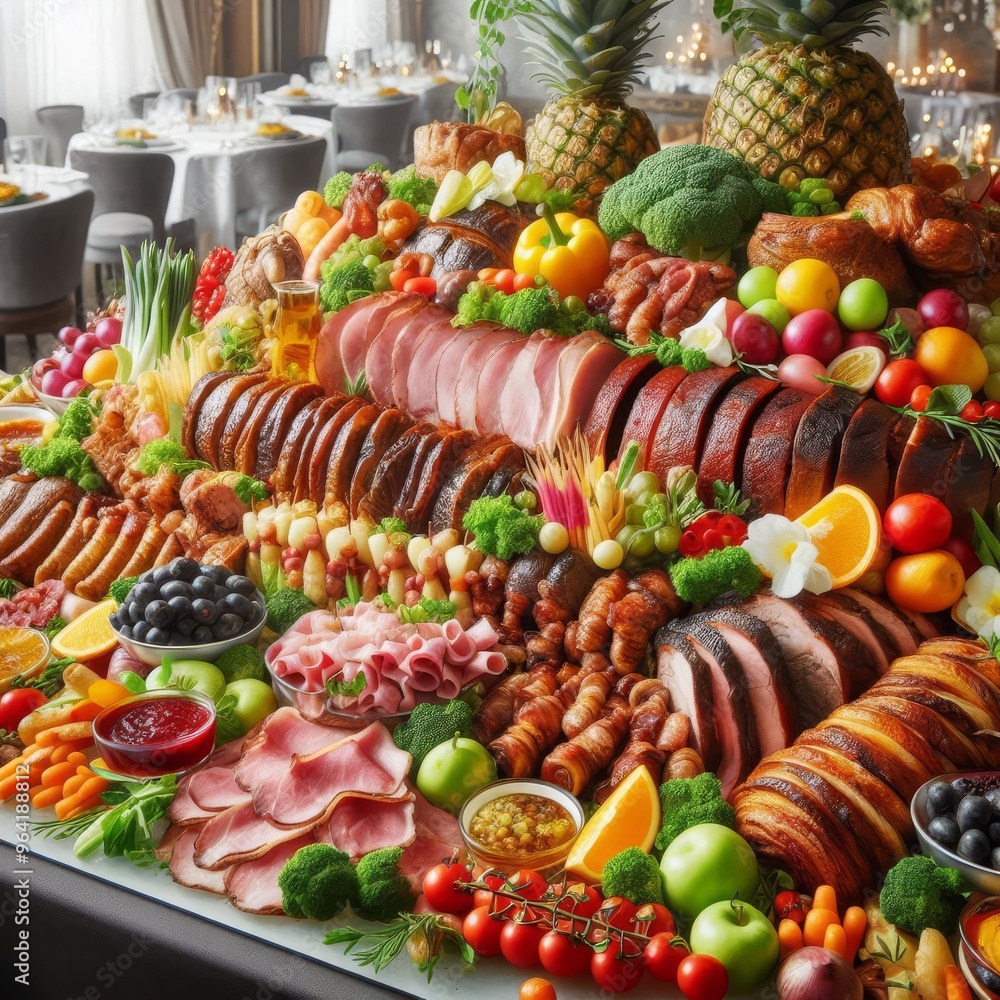 catering buffet food indoor in restaurant with meat colorful fruits and vegetables.
catering buffet food indoor in restaurant with meat colorful fruits and vegetables.