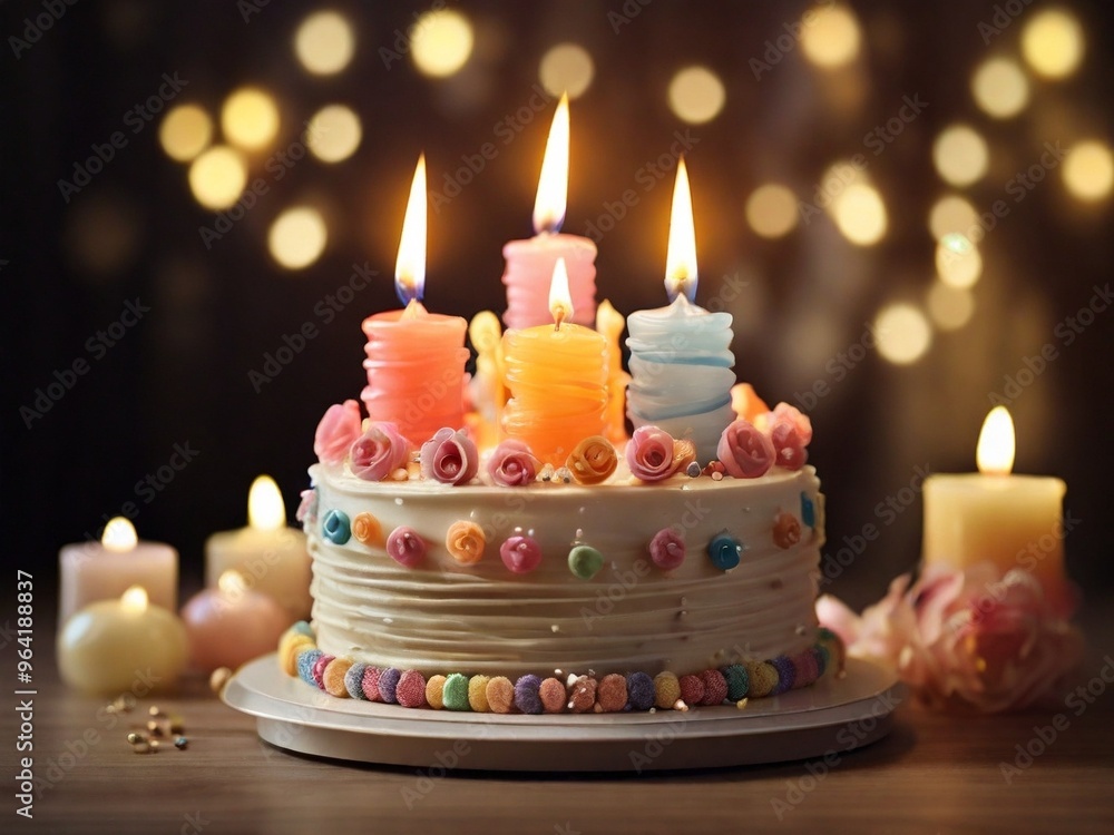 birthday cake covered with colorful sprinkles and frosting. The warm light and festive arrangement create an elegant and joyful atmosphere for a birthday celebration. birthday cake covered with colorful sprinkles and frosting. The warm light and festive arrangement create an elegant and joyful atmosphere for a birthday celebration.