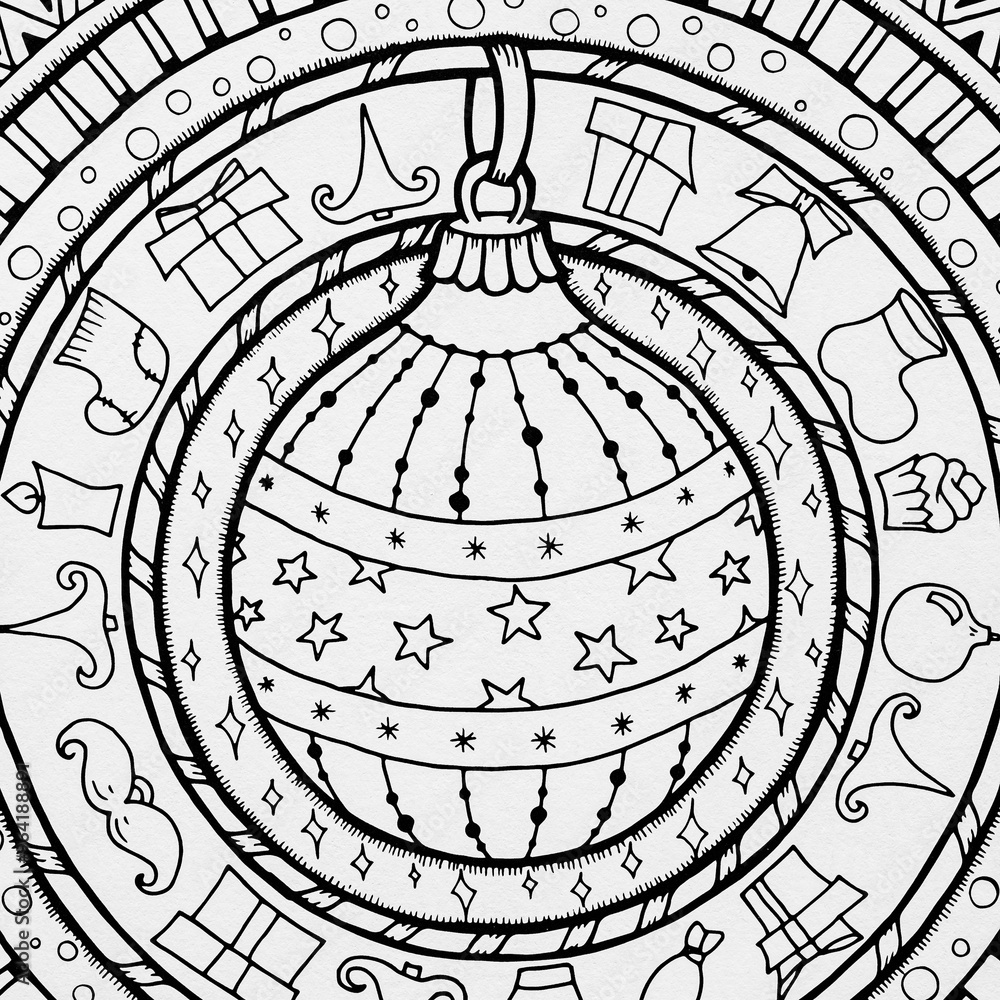 Arrière plan noir et blanc avec motif graphique boule de Noel pour colorier