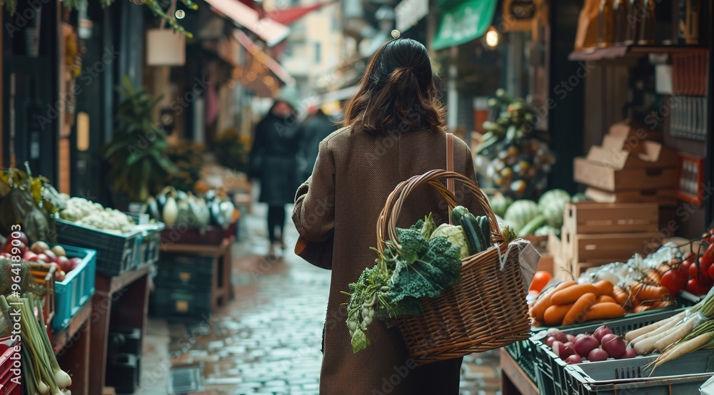 Naklejka premium Woman carrying vegetable basket in urban marketplace with artistic style