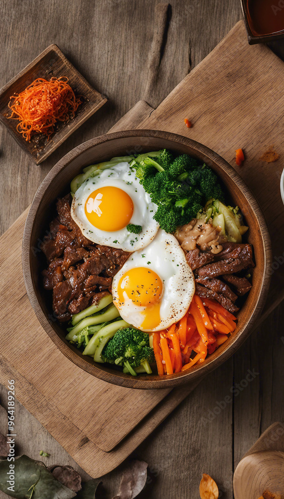 a wooden bowl filled with a colorful and appetizing meal consisting of two sunny-side-up eggs, sautéed beef strips, and an assortment of steamed vegetables including broccoli, carrots, and possibly bo a wooden bowl filled with a colorful and appetizing meal consisting of two sunny-side-up eggs, sautéed beef strips, and an assortment of steamed vegetables including broccoli, carrots, and possibly bo
