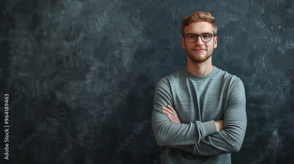 Confident Young Man with Glasses Standing Against a Dark Textured Background Confident Young Man with Glasses Standing Against a Dark Textured Background