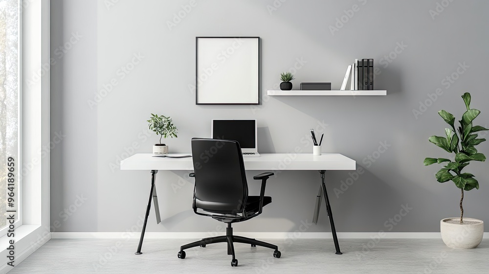 Minimalistic office setup with a white desk, black chair, and a single ...