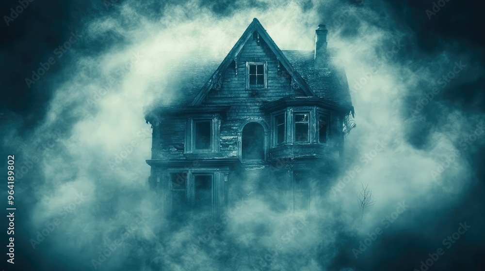 Spooky fog swirling around haunted house Spooky fog swirling around haunted house