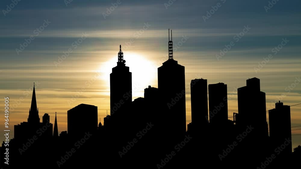 Panoramic View of Melbourne Downtown at Sunset, Time Lapse with Colorful Clouds, Australia Panoramic View of Melbourne Downtown at Sunset, Time Lapse with Colorful Clouds, Australia