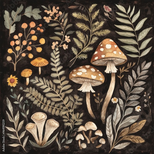 Detailed botanical illustration with plants and mushrooms