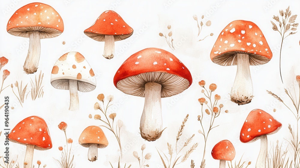 Detailed botanical drawing pattern showcasing different mushrooms Detailed botanical drawing pattern showcasing different mushrooms
