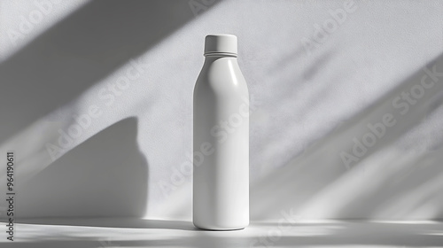 mockup of the white water bottle set against a monochromatic backdrop with soft lighting, highlighting the bottle’s modern