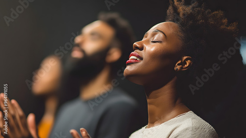 Religious black man and woman pray tto god, belief in the church and jesus christ, african religion background photo