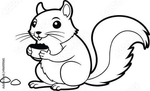 Squirrel sits eating nuts, illustration black and white