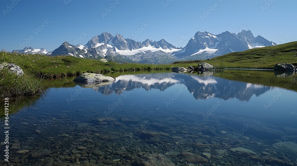 Majestic Snow-Capped Mountains Reflected in Serene Alpine Lake Landscape