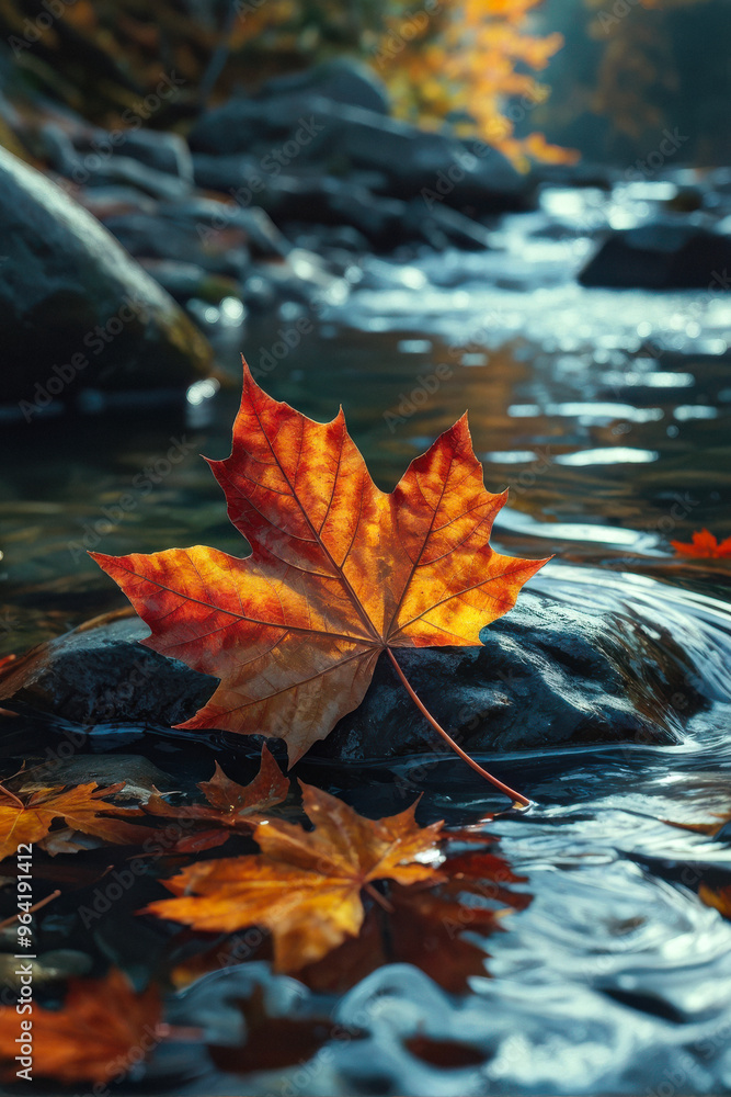 Autumn Serenity: A Single Maple Leaf Drifting on Dark Water. Maple leaf on a dark autumn water in the river. generative AI Autumn Serenity: A Single Maple Leaf Drifting on Dark Water. Maple leaf on a dark autumn water in the river. generative AI