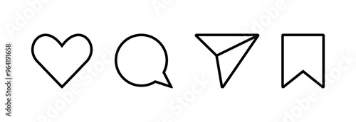 Instagram social media like comment share save icon collection in line style. Set of social network user interface button icons on white background. Vector illustration