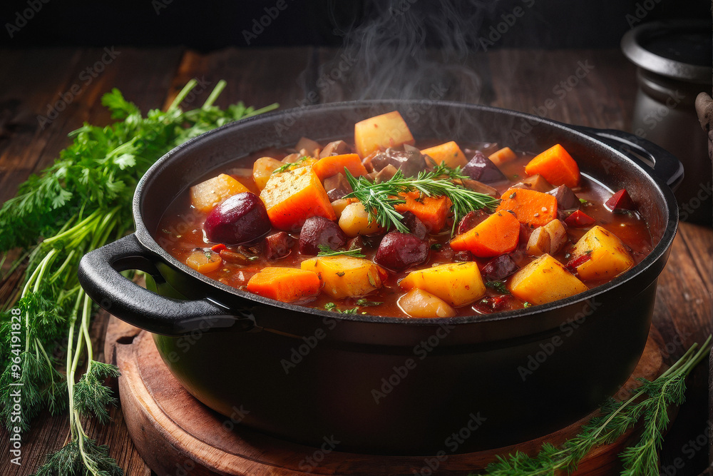 Root Vegetable Stew – A hearty bowl of stew, rich with carrots, beets, and parsnips, in a dark cast-iron pot. A Rustic Autumnal Comfort. generative AI Root Vegetable Stew – A hearty bowl of stew, rich with carrots, beets, and parsnips, in a dark cast-iron pot. A Rustic Autumnal Comfort. generative AI