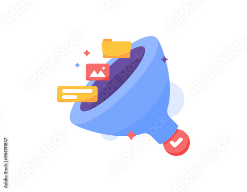 concept of information, data and file filtering. safe and correct data or information filtering. illustration of a filter or funnel with folder icon, image, check mark and information. flat style