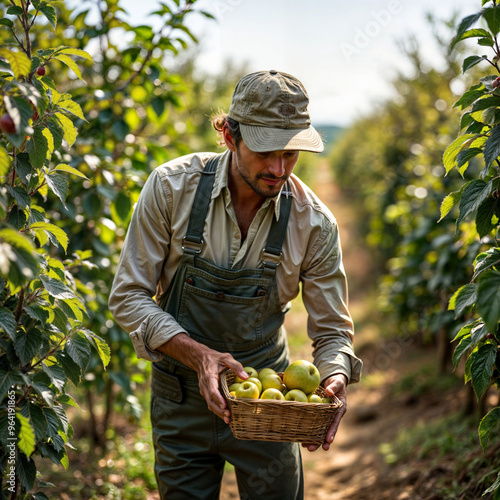 Generative ai enhancer , a local farmer is harvesting green apples