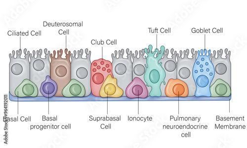 Detailed Anatomy of Respiratory Epithelium: Comprehensive Illustration of Cell Types in the Respiratory Tract with Labels