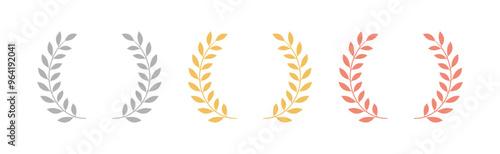 Olympic games gold silver bronze laurel wreath medal award set on white background. Colorful leaf floral luxury champion emblem icon set. Vector illustration