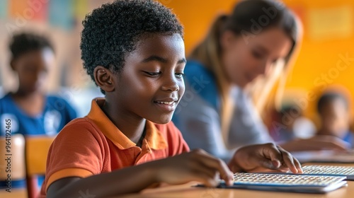 A student using a braille book in a classroom setting, with a teacher providing support