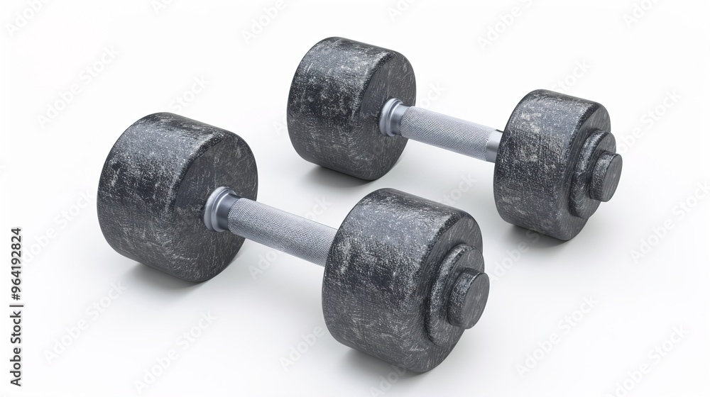 A pair of detailed dumbbells with realistic texture on a pure white background.