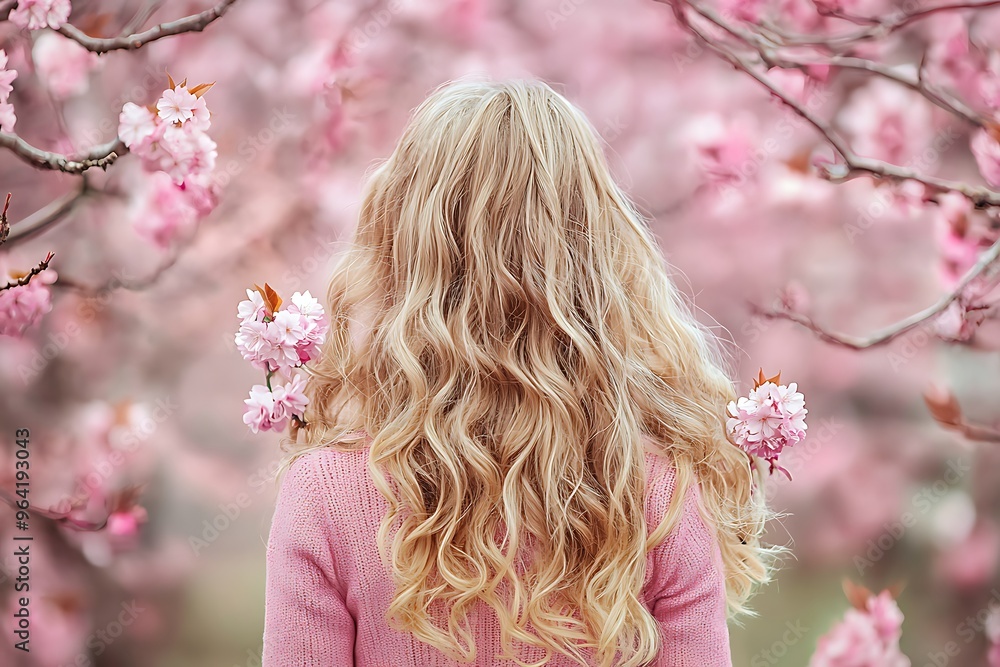 Girl Surrounded by Blooming Cherry Blossoms in Springtime Beauty Girl Surrounded by Blooming Cherry Blossoms in Springtime Beauty
