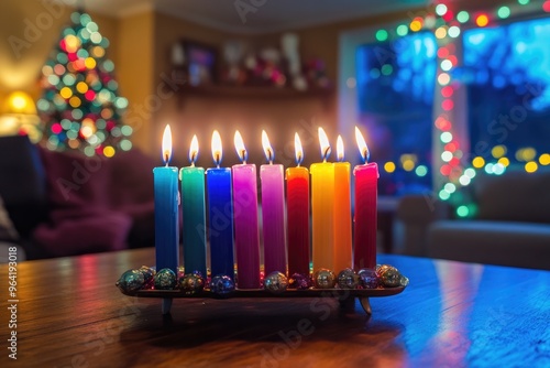 Festival of lights: hanukkah eight nights of miracles, menorah lighting, dreidel games, and fried foods, honoring the maccabees victory and the rededication of the second temple in jerusalem photo