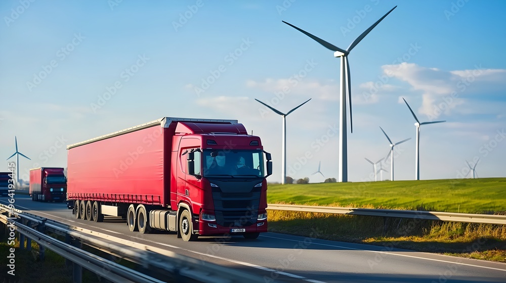 Electric Trucks on Highway with Wind Turbines - Sustainable Logistics Concept Electric Trucks on Highway with Wind Turbines - Sustainable Logistics Concept