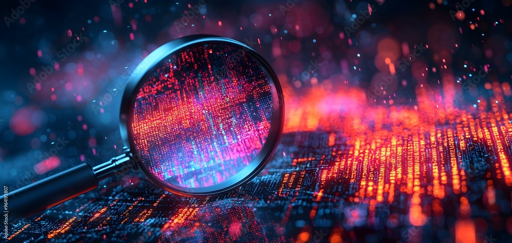 Exploring Complex Data Patterns with a Magnifying Glass: A Colorful Digital Landscape Unveiled. Financial Analysis Concept Exploring Complex Data Patterns with a Magnifying Glass: A Colorful Digital Landscape Unveiled. Financial Analysis Concept