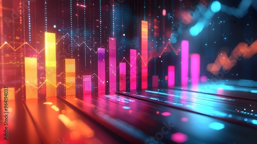 A striking digital representation of sales data with vibrant bar charts in various colors. The background appears partially transparent. Atmosphere is energetic and modern. Investment Analysis Concept