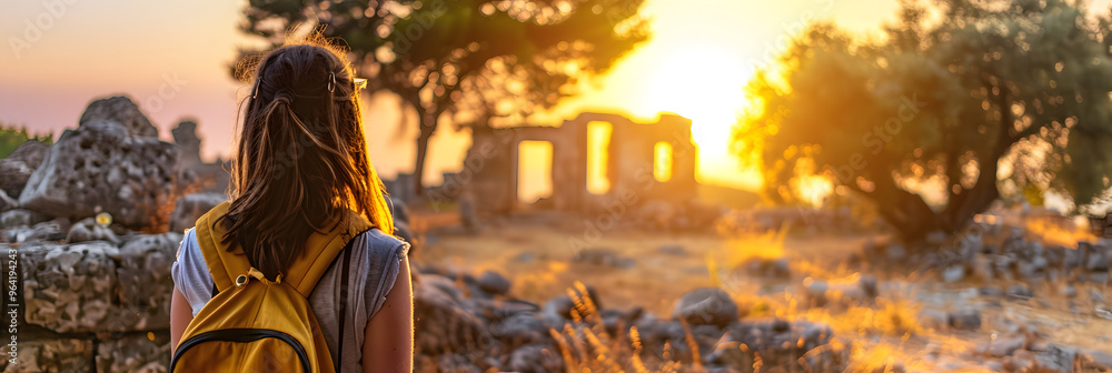 A teen with a dark bob cut exploring ancient ruins. Greek islands. Dawn. Olive trees casting long shadows. A teen with a dark bob cut exploring ancient ruins. Greek islands. Dawn. Olive trees casting long shadows.