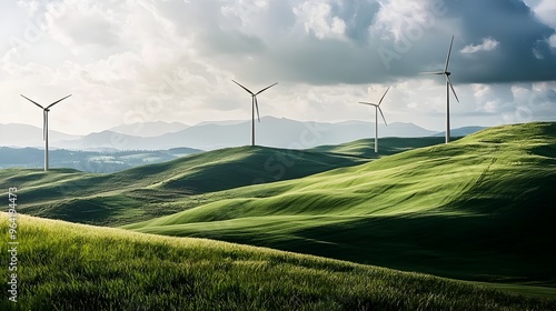Dramatic wind turbines on rolling hills under stormy skies capturing the power of renewable energy