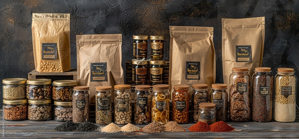 Assortment of spices, herbs, and grains in glass jars and paper bags on a wooden table. A wide variety of colors and textures. Assortment of spices, herbs, and grains in glass jars and paper bags on a wooden table. A wide variety of colors and textures.