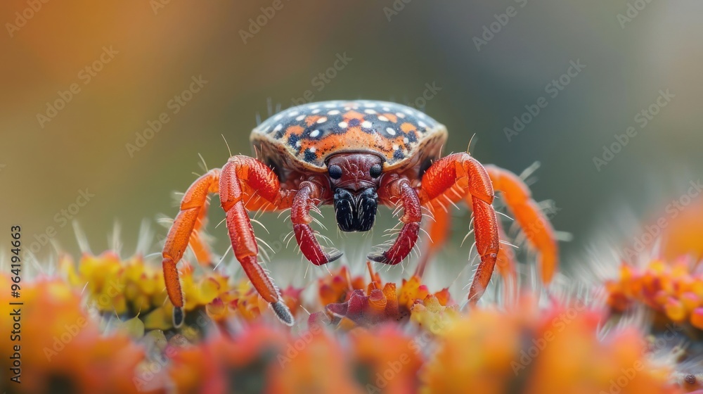 A close-up photo of a red spider with black dots on its body, sitting amidst colorful flowers. A close-up photo of a red spider with black dots on its body, sitting amidst colorful flowers.