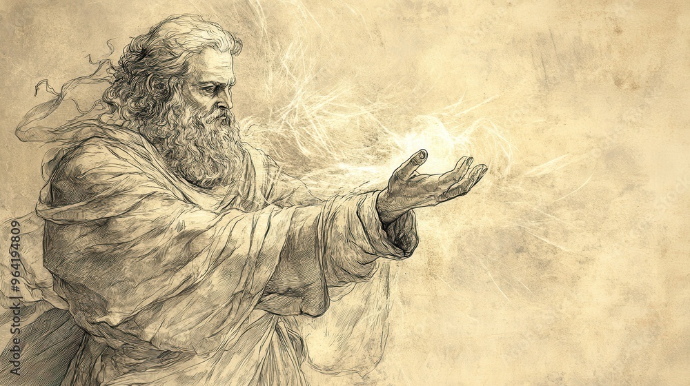 Fototapeta premium Biblical Illustration: The Lord Holding Light and Darkness, Symbolizing His Power Over Peace and Calamity According to His Divine Will