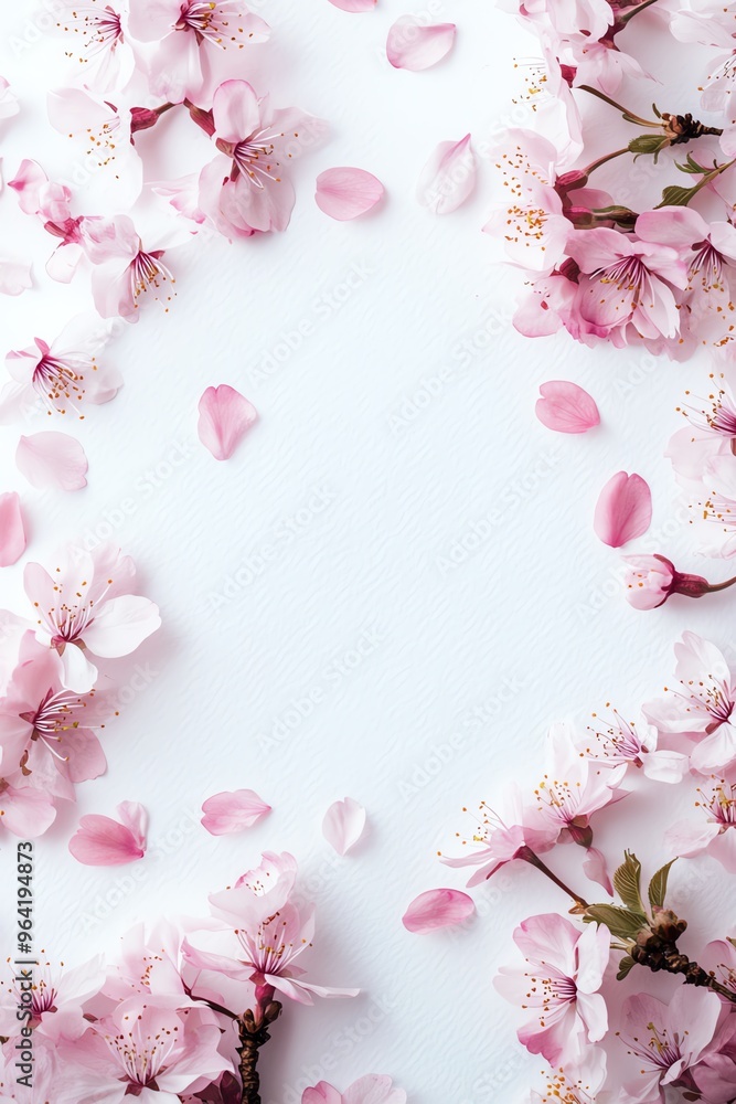 Obraz premium A beautiful arrangement of pink cherry blossom flowers and petals on a clean white background, perfect for spring themes.