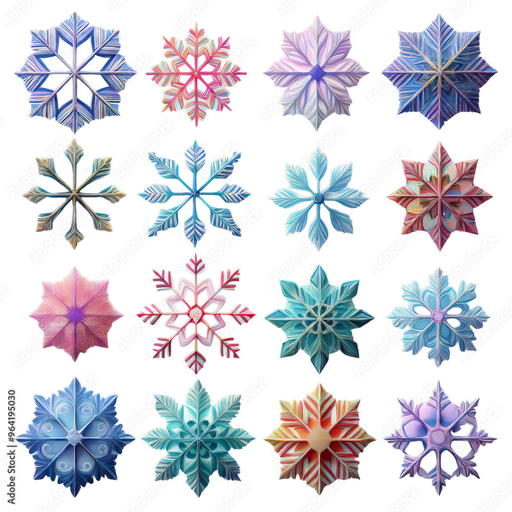 Beautifully detailed snowflakes with intricate designs in blue and pink tones isolated on transparent background Beautifully detailed snowflakes with intricate designs in blue and pink tones isolated on transparent background