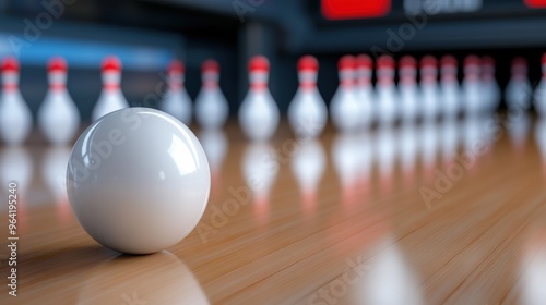 A bowling ball is in front of a row of pins, AI