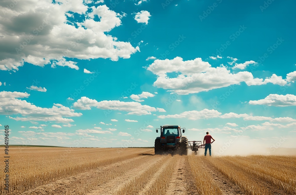 Naklejka premium A tractor spraying integrated sprays on crops