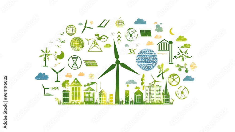 Renewable Energy Icons in Circular Pattern on White Background Renewable Energy Icons in Circular Pattern on White Background