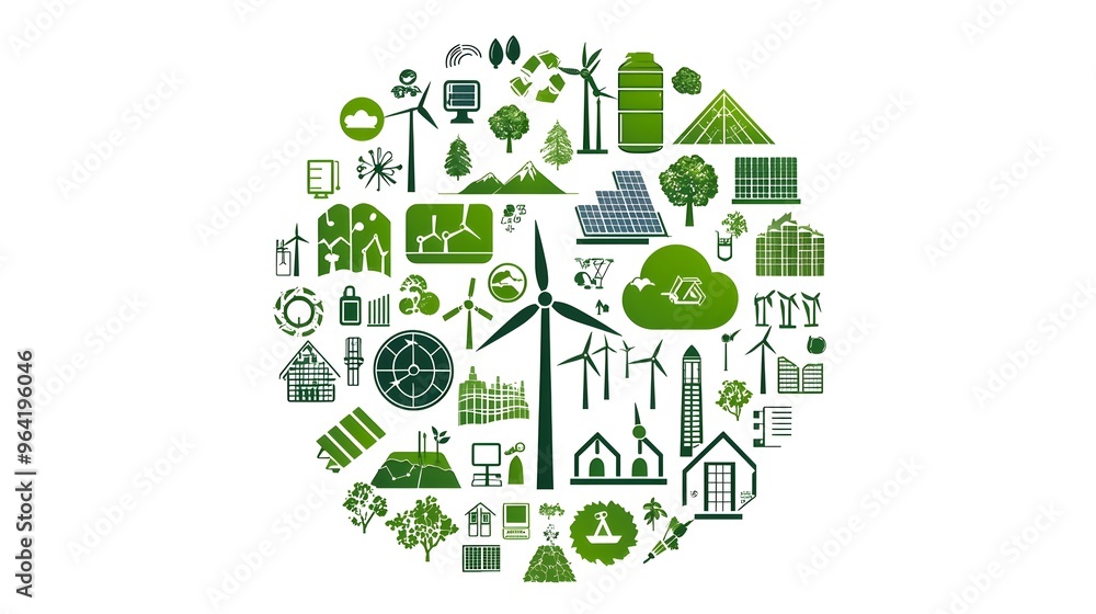 Circular Arrangement of Renewable Energy Icons in White Background Circular Arrangement of Renewable Energy Icons in White Background